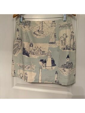 LOVE LIFE FELICE PAPPAS NEW SKIRT MINI BLUE WHITE LIGHTHOUSE PRINT SIZE L